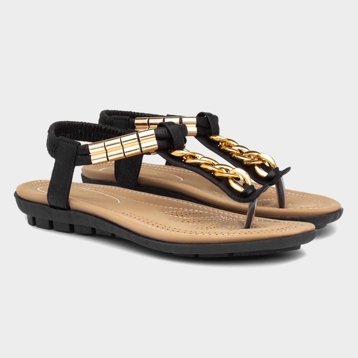 Lotus Ladies Cybil Black Gold Chain Flat Toe Post Sandals