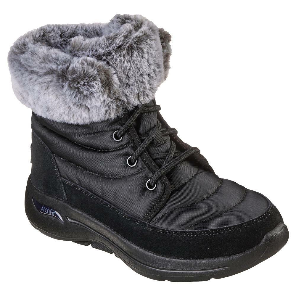 Skechers Ladies Arch Fit Winter Vibes Black Grey Faux Fur Boots 144409/BKGY