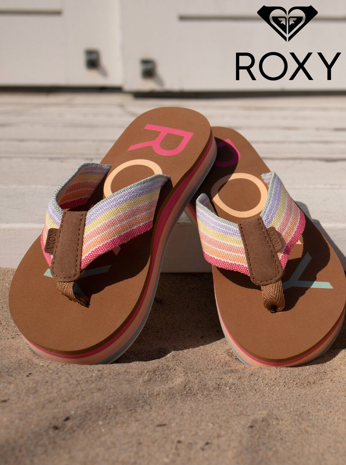 Roxy Girls Chika Hi Baja Blue/Crazy Pink Flip Flops Beach Toe Post Sandals