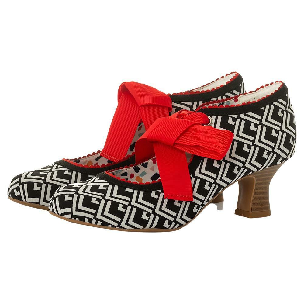 Ruby Shoo Peyton Black White Print Low Heeled Vegan Shoes