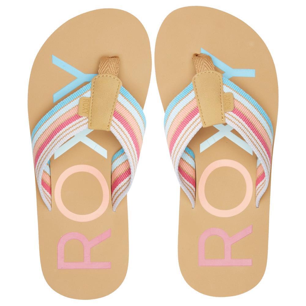 Roxy Girls Chika Hi Baja Blue/Crazy Pink Flip Flops Beach Toe Post Sandals