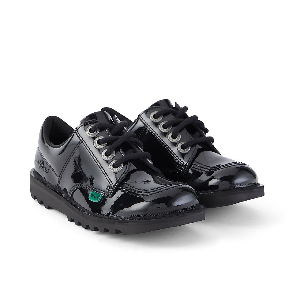 Girls Kids Kickers Kick Lo Black Patent Leather School Shoes 1-13498