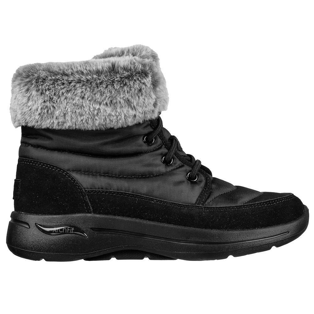 Skechers Ladies Arch Fit Winter Vibes Black Grey Faux Fur Boots 144409/BKGY