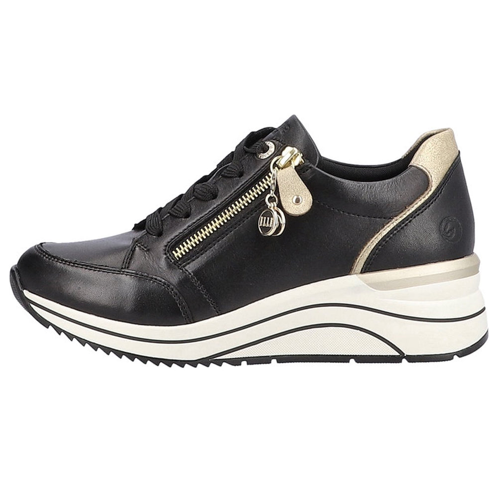 Remonte D0T03-01 Black Leather Extra Wide Fit Wedge Trainers