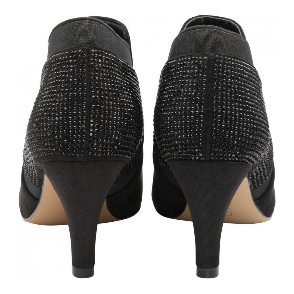 Ladies Lotus Kristina Black Diamante Elasticated Ankle Low Heel Shoes Boots