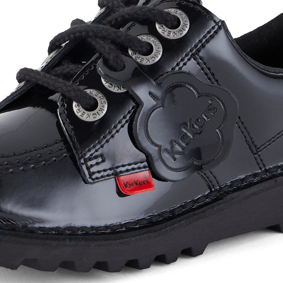Girls Kids Kickers Kick Lo Black Patent Leather School Shoes 1-13498