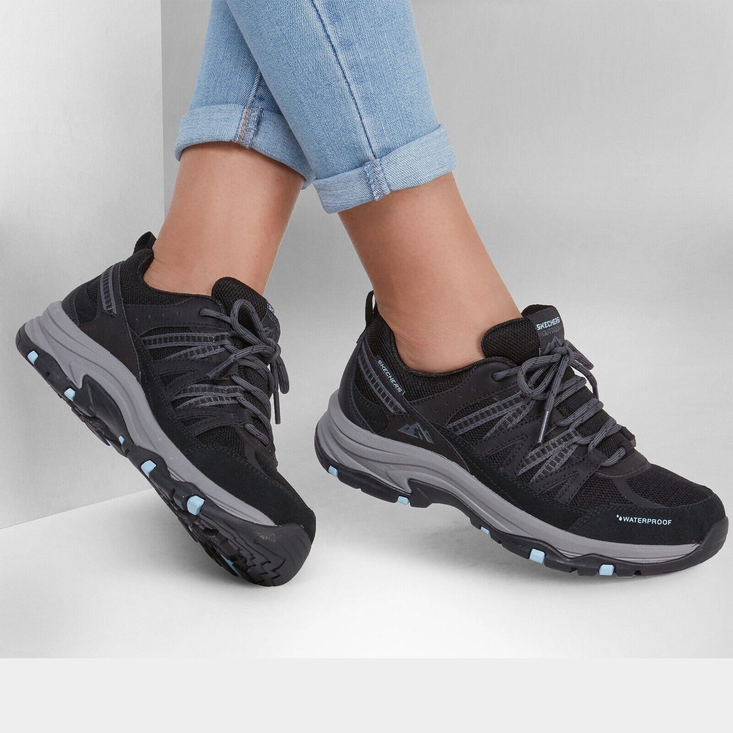 Skechers Ladies Trego Lookout Point Black/Blue Waterproof Walking Shoes