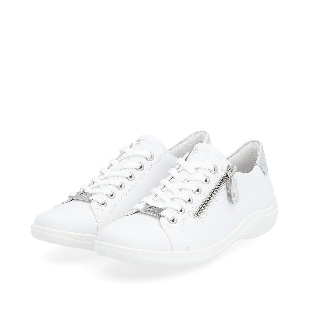Remonte Womens D1E03-80 White Leather Side Zip Detail Wide Fit Trainers