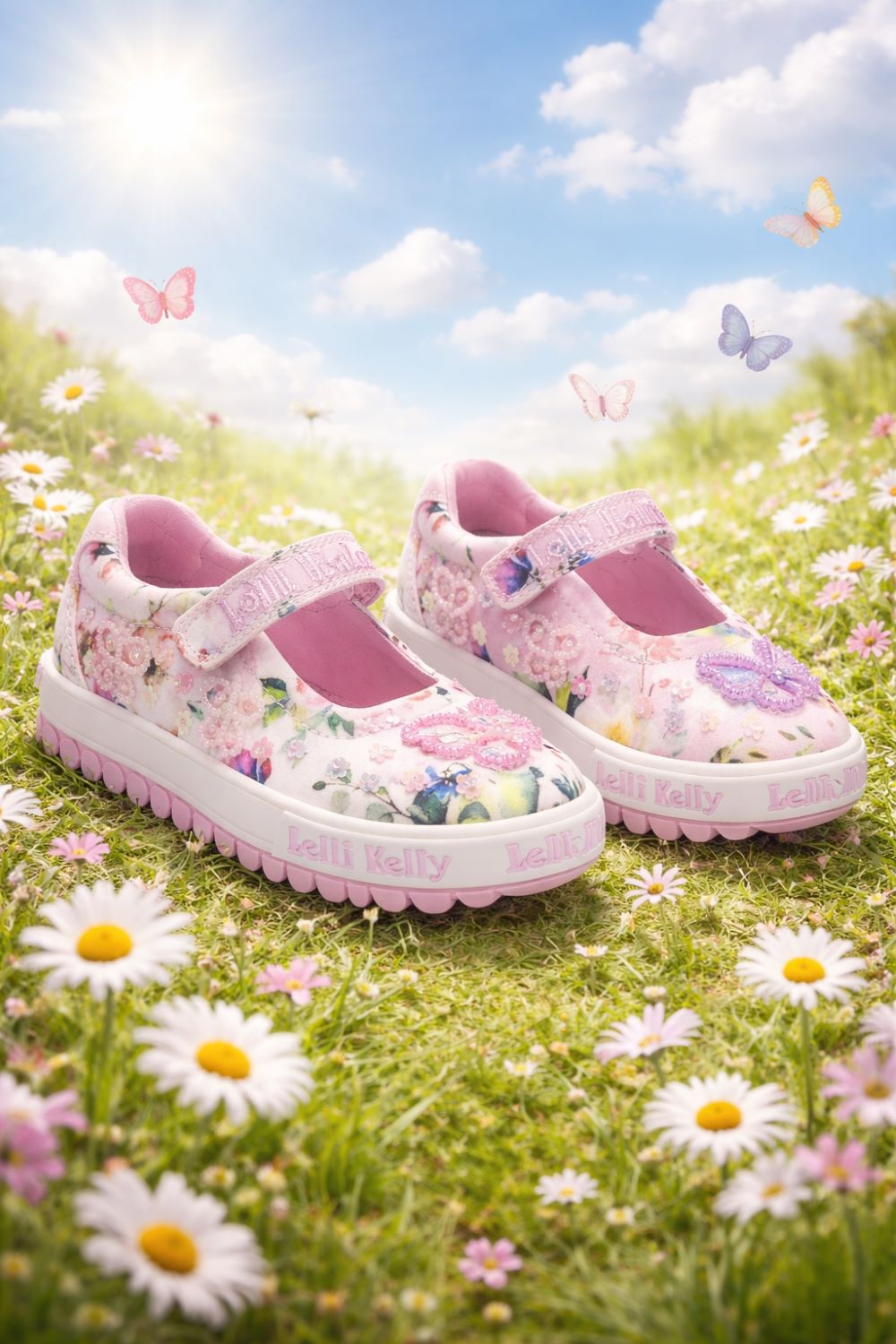 Lelli Kelly Girls Pink White Mary Jane Floral Butterfly Dolly Shoes LK5415