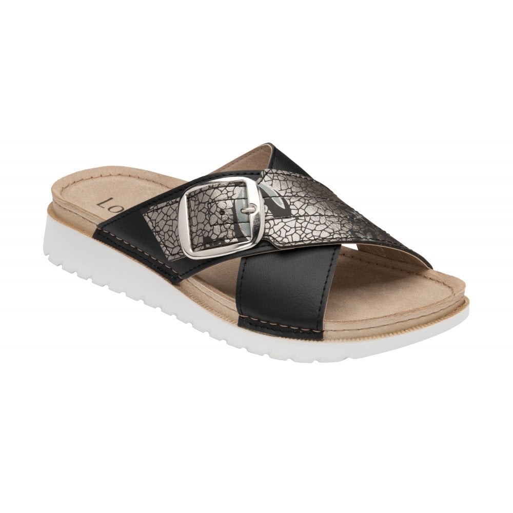 Lotus Ladies Marta Black Cross Over Slip On Mule Slider Wedge Sandals