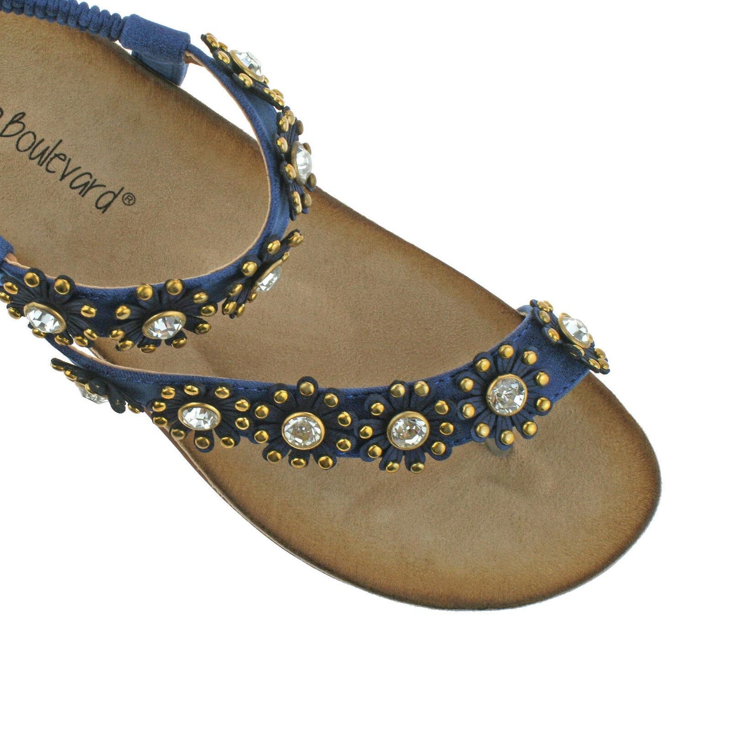 Ladies Boulevard Black Blue Diamante Flower Toe Post Elasticated Sandals