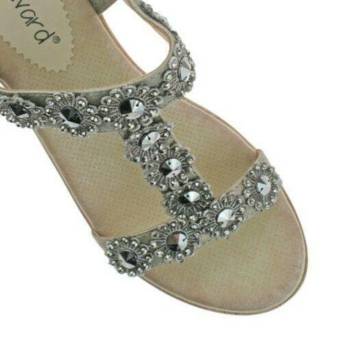 Ladies Boulevard Pewter Diamante Elasticated Wedge Sandals L9564