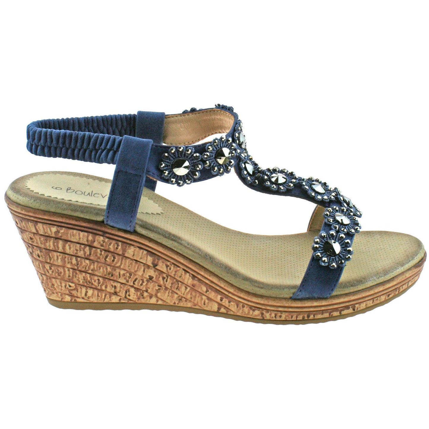 Ladies Boulevard Black Blue Diamante Elasticated Wedge Sandals L9564