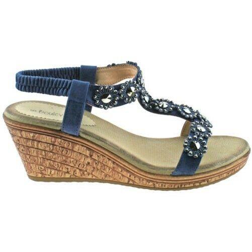 Ladies Boulevard Black Blue Diamante Elasticated Wedge Sandals L9564