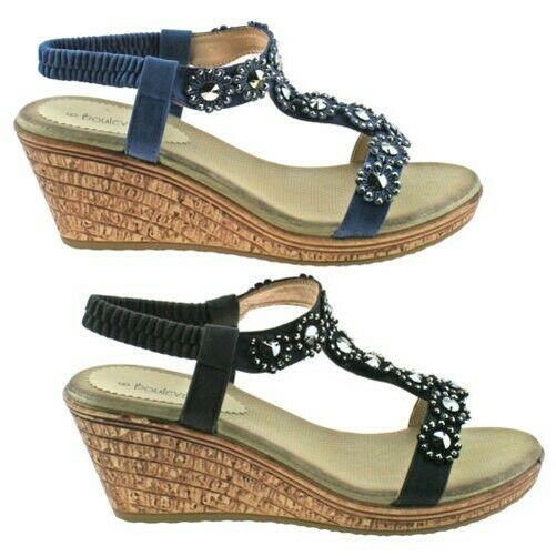 Ladies Boulevard Black Blue Diamante Elasticated Wedge Sandals L9564