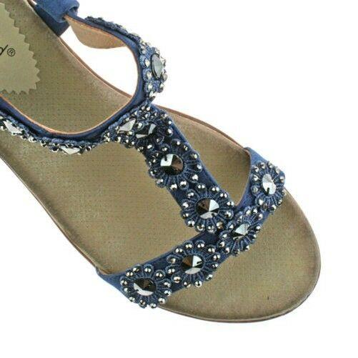 Ladies Boulevard Black Blue Diamante Elasticated Wedge Sandals L9564