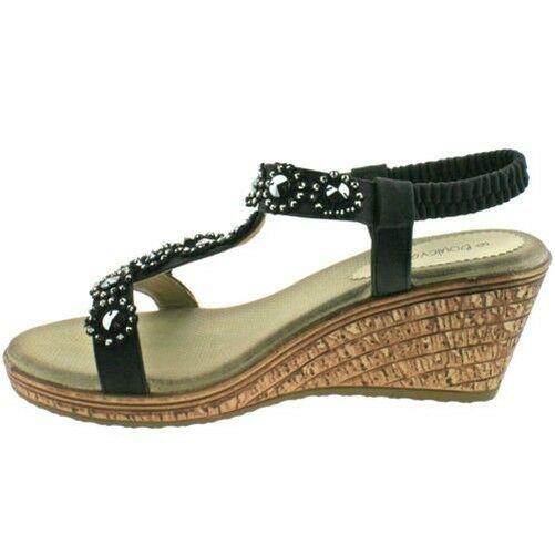 Ladies Boulevard Black Blue Diamante Elasticated Wedge Sandals L9564