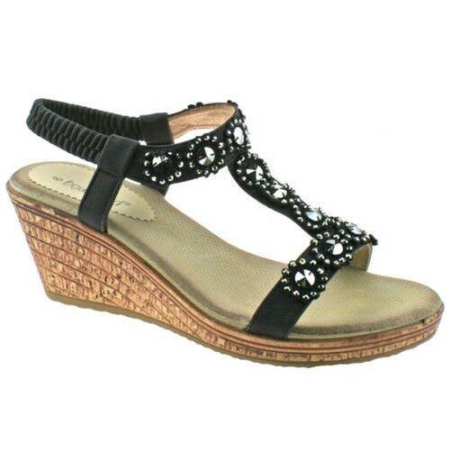 Ladies Boulevard Black Blue Diamante Elasticated Wedge Sandals L9564