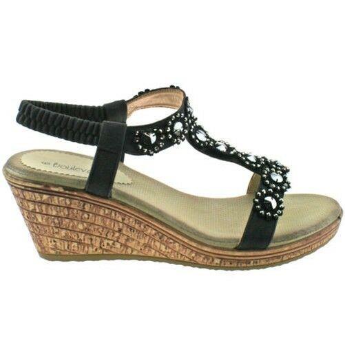 Ladies Boulevard Black Blue Diamante Elasticated Wedge Sandals L9564