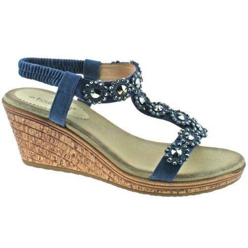 Ladies Boulevard Black Blue Diamante Elasticated Wedge Sandals L9564