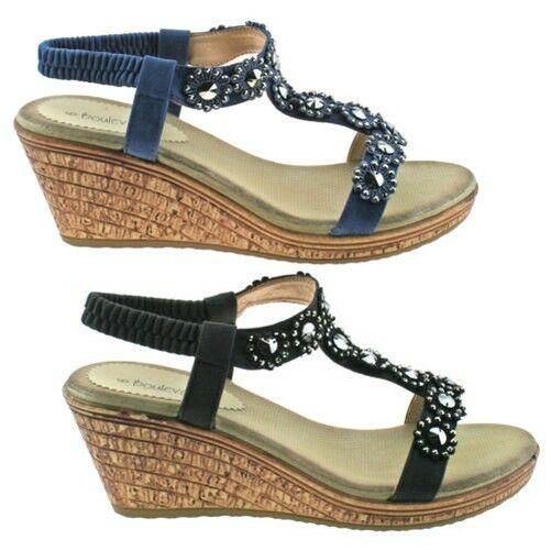 Ladies Boulevard Black Blue Diamante Elasticated Wedge Sandals L9564