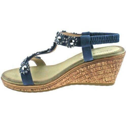 Ladies Boulevard Black Blue Diamante Elasticated Wedge Sandals L9564