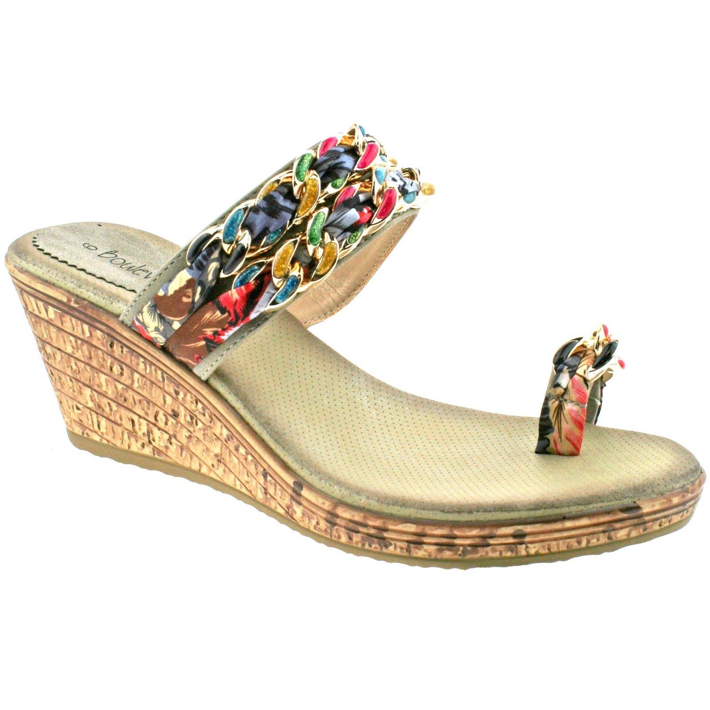 Ladies Boulevard Toe Loop Pewter Fabric Link Slip On Wedge Sandals L9568FS