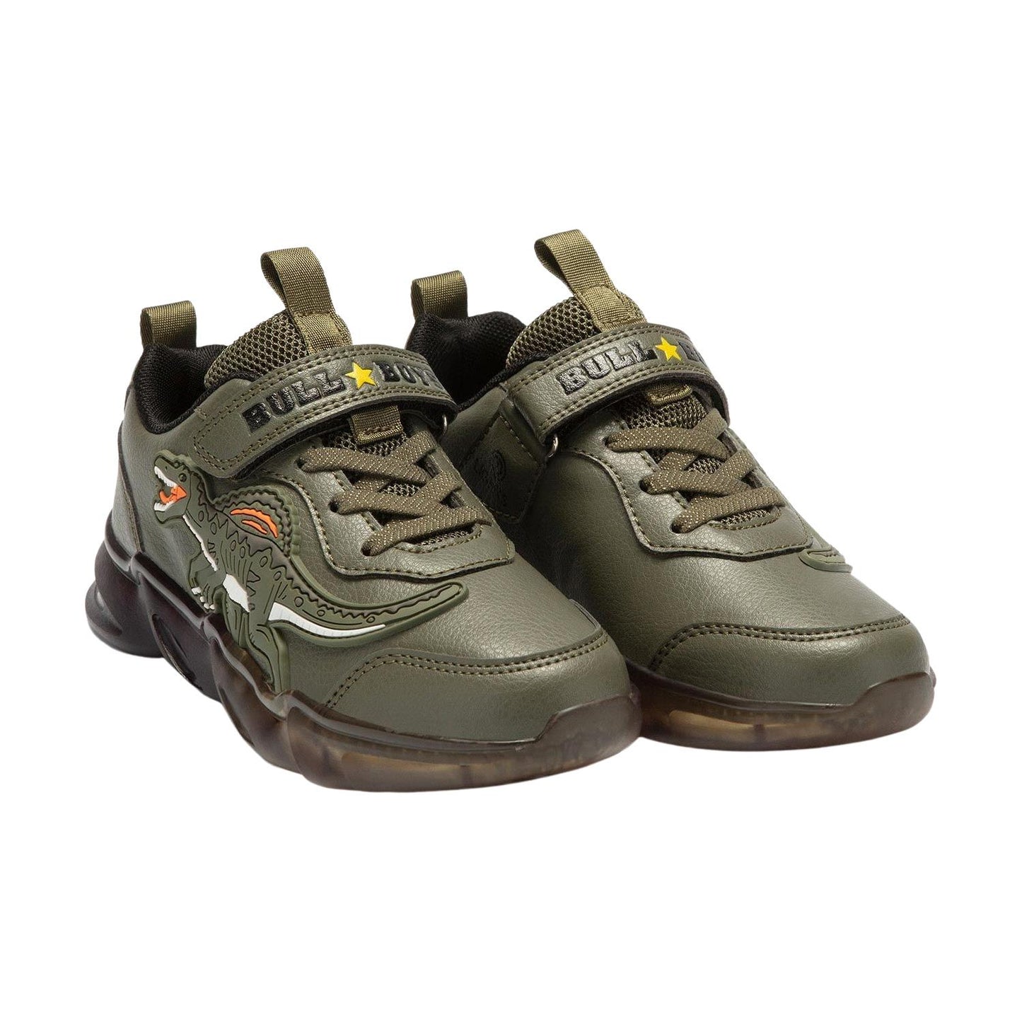 Bull Boys DNAL3396 (AS42) Spinosauro Khaki Green Elastic Lace Light Up Trainers