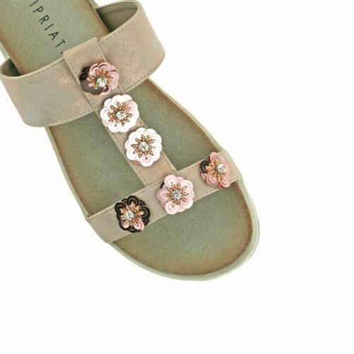 Ladies Cipriata Light Gold Pewter Shimmer Diamante Flower Mule Sandals L522