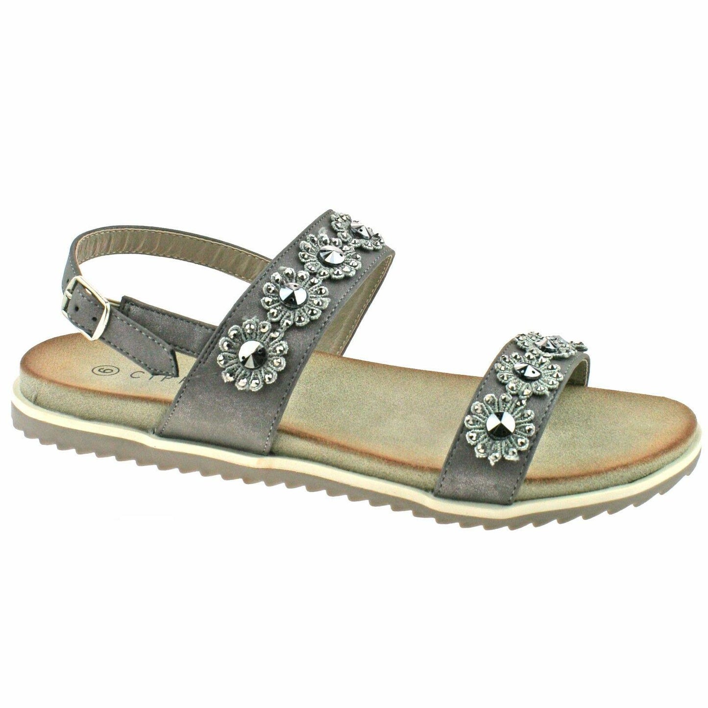 Ladies Cipriata Light Silver Or Stone Flower Shimmer Buckle Sandals L565
