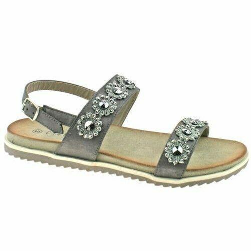 Ladies Cipriata Light Silver Or Stone Flower Shimmer Buckle Sandals L565