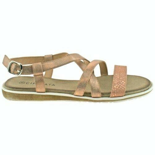 Ladies Cipriata Rose Pink Shimmer Buckle Crossover Low Wedge Sandals L050PK