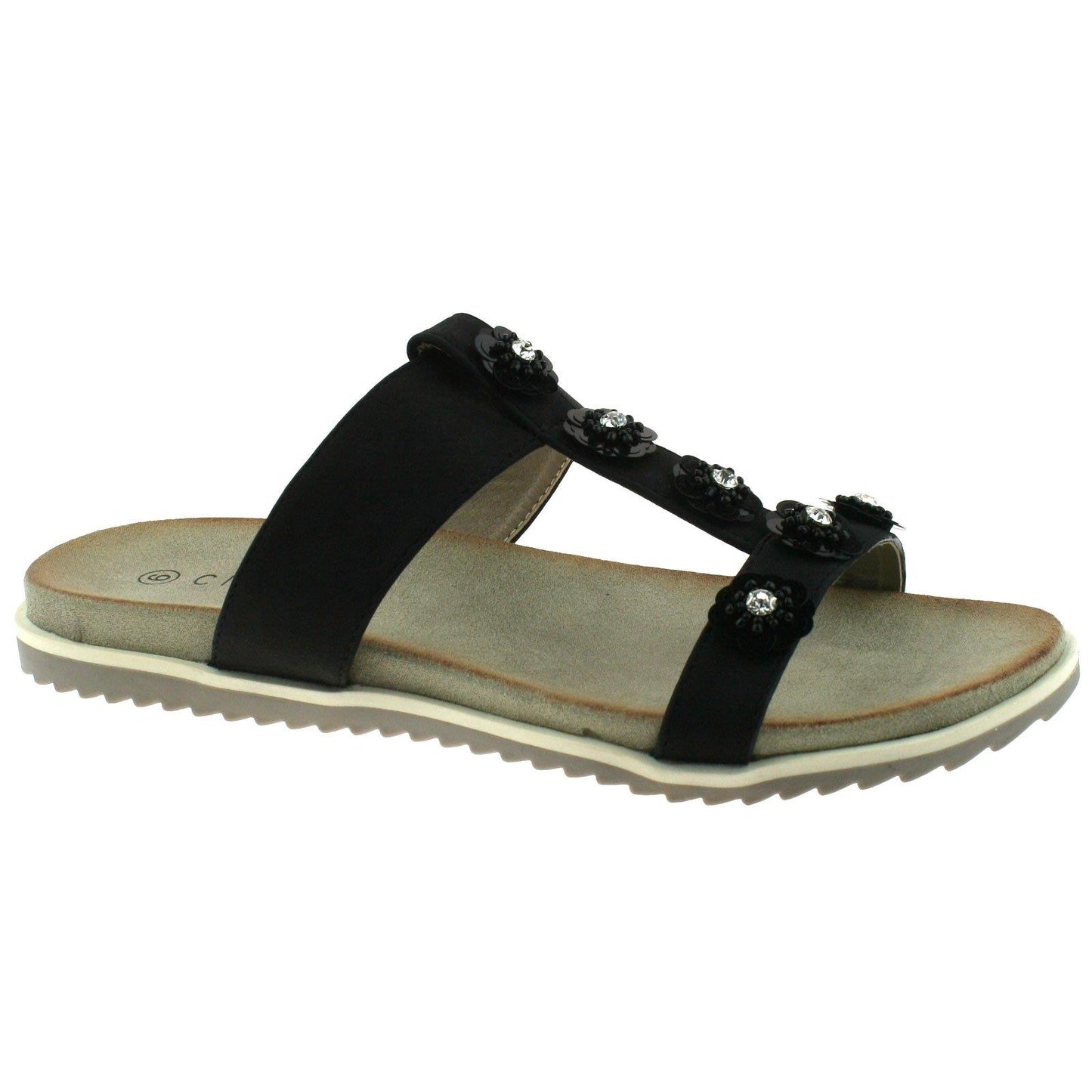 Ladies Cipriata Black Shimmer Diamante Flower Mule Sandals L522A
