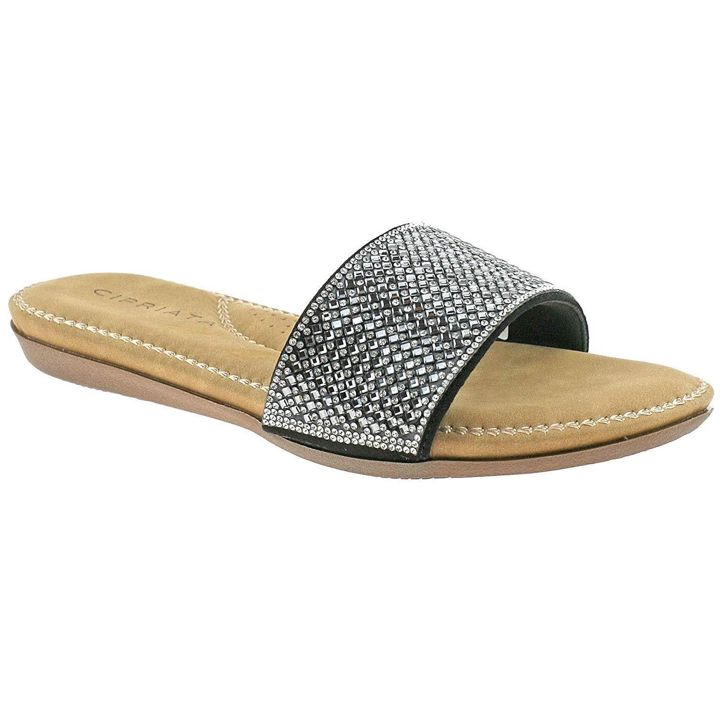 Ladies Cipriata Black Silver Laura Diamante Fixed Strap Slider Sandals L017A