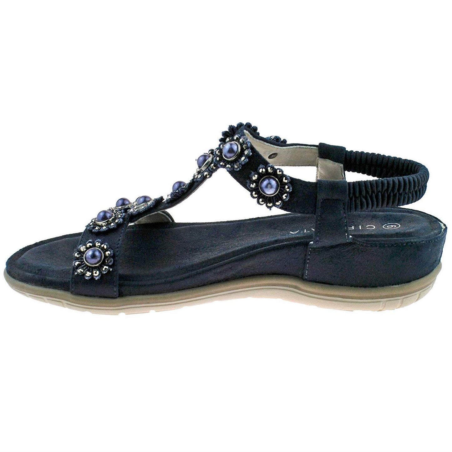 Ladies Cipriata Maida Navy Metallic Low Heeled Wedge Sandals L870C