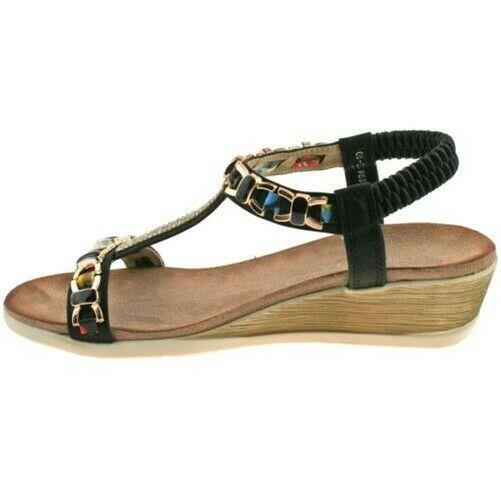Ladies Cipriata Brizia Black Jewelled Low Heeled Wedge Sandals L489A