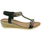 Ladies Cipriata Brizia Black Jewelled Low Heeled Wedge Sandals L489A