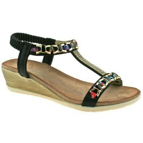 Ladies Cipriata Brizia Black Jewelled Low Heeled Wedge Sandals L489A