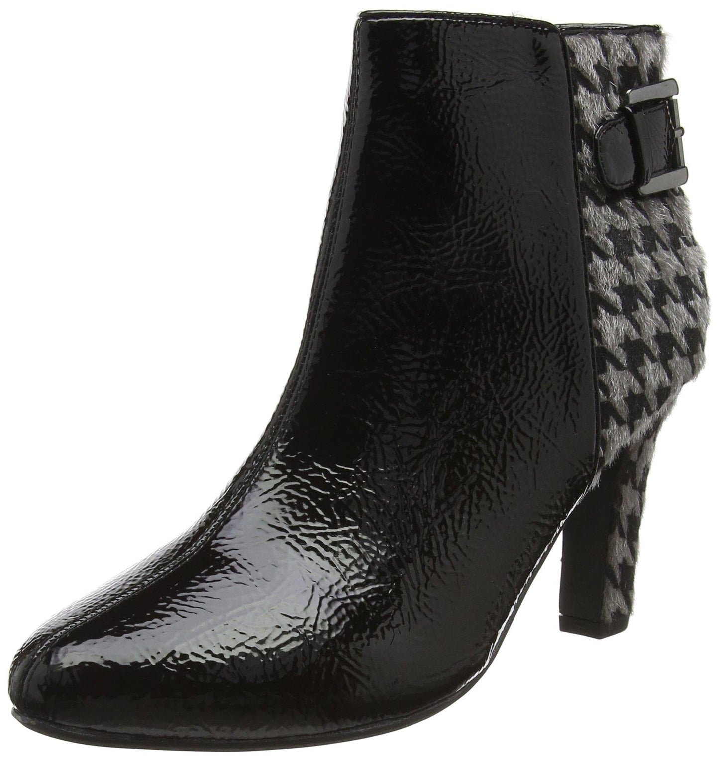 Ladies Lotus Soni Black & Pewter Patent Ankle Zip Up Boots