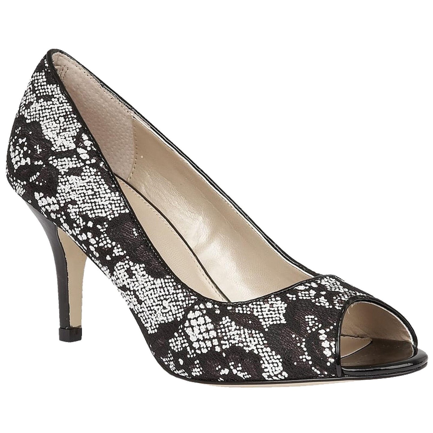 Ladies Lotus Kendell Black And White Textile Peep Toe Court Shoes