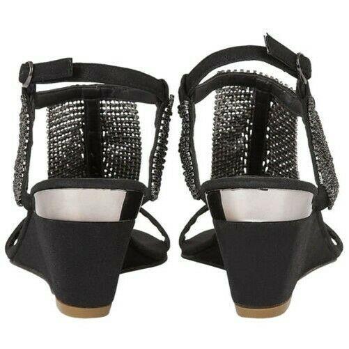 Ladies Lotus Klaudia Black Shimmer Diamante Wedge Sandals
