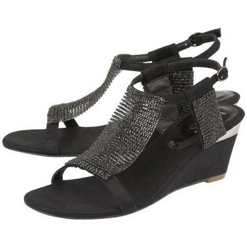 Ladies Lotus Klaudia Black Shimmer Diamante Wedge Sandals