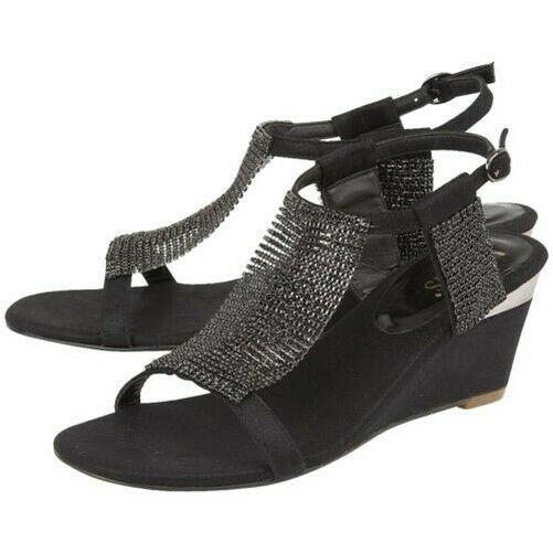 Ladies Lotus Klaudia Black Shimmer Diamante Wedge Sandals