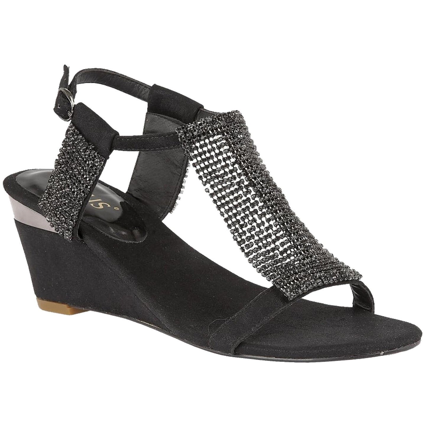 Ladies Lotus Klaudia Black Shimmer Diamante Wedge Sandals