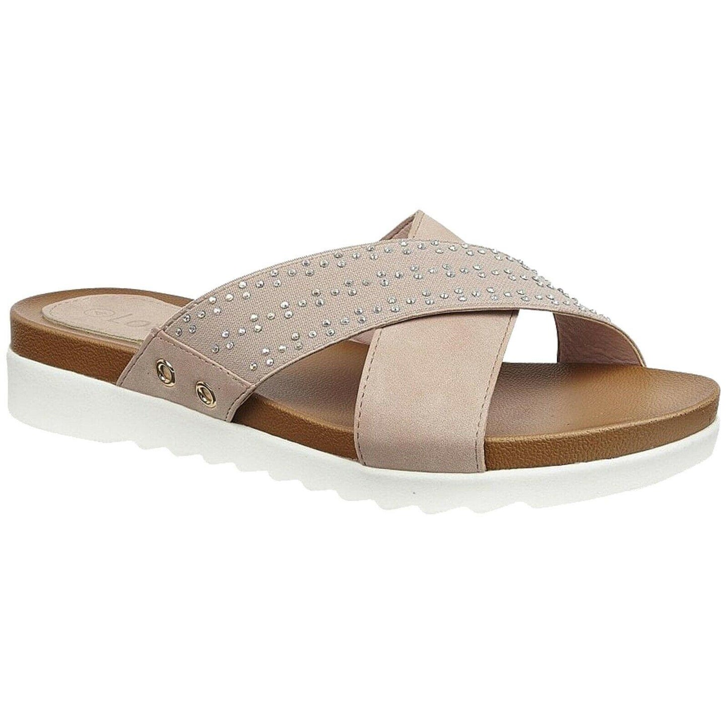 Ladies Lotus Sharon Pink Elasticated Crossover Strap Flat Slip On Mule Sandals