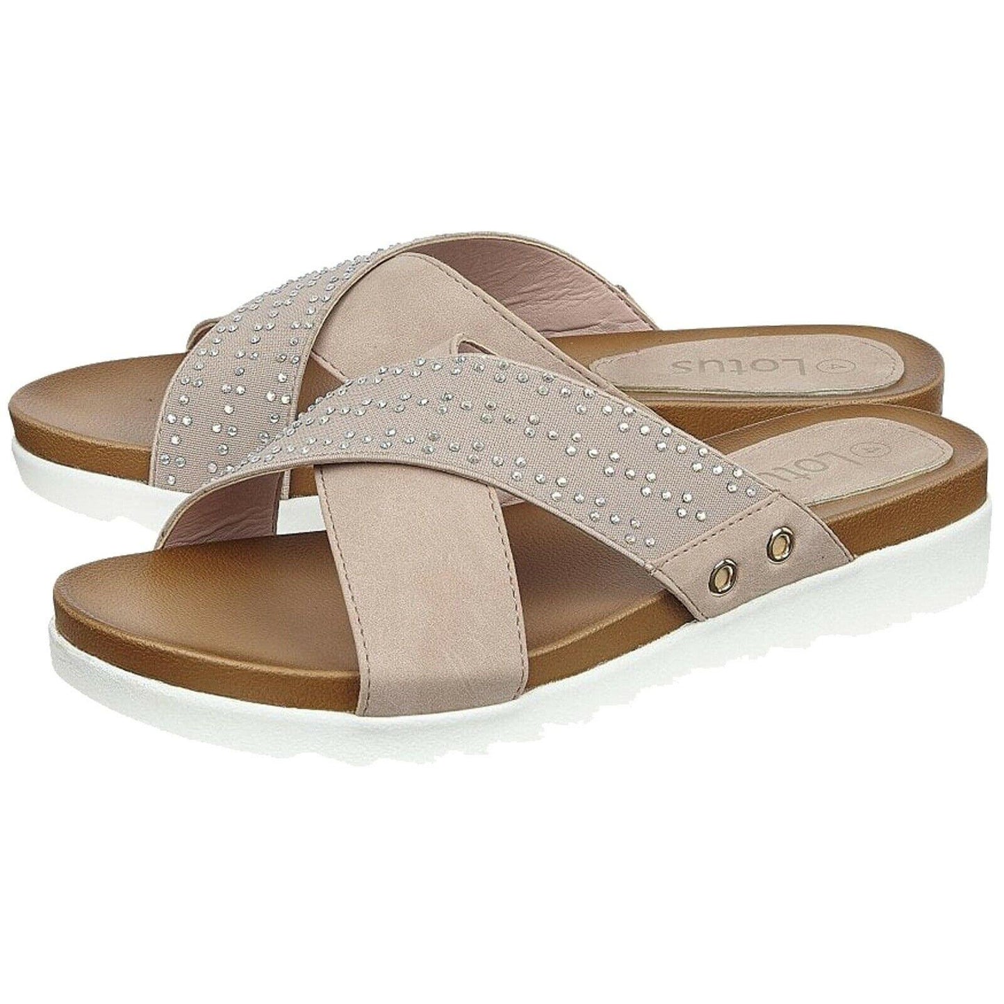 Ladies Lotus Sharon Pink Elasticated Crossover Strap Flat Slip On Mule Sandals