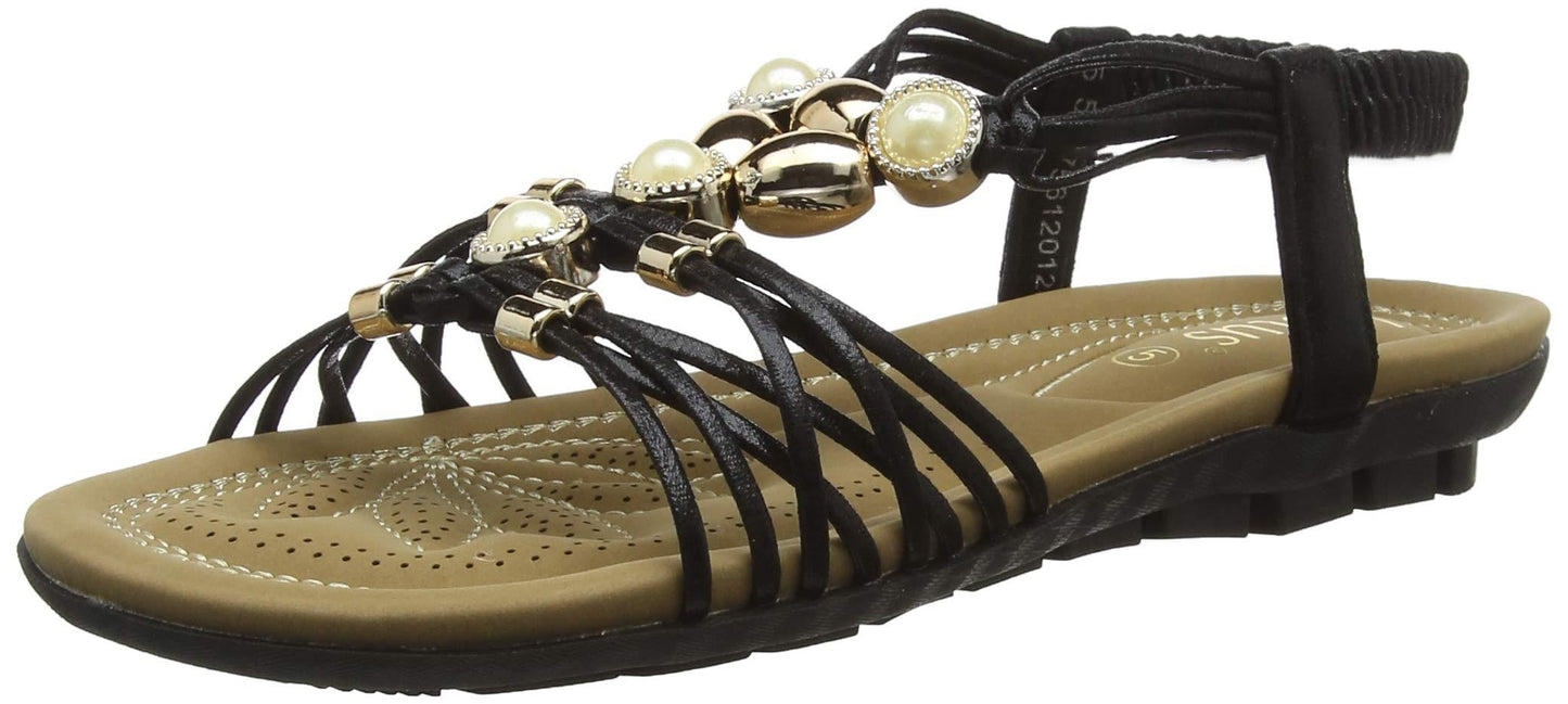Ladies Lotus Marci Black Shimmer Strappy Sling Back Flat Sandals ULP010