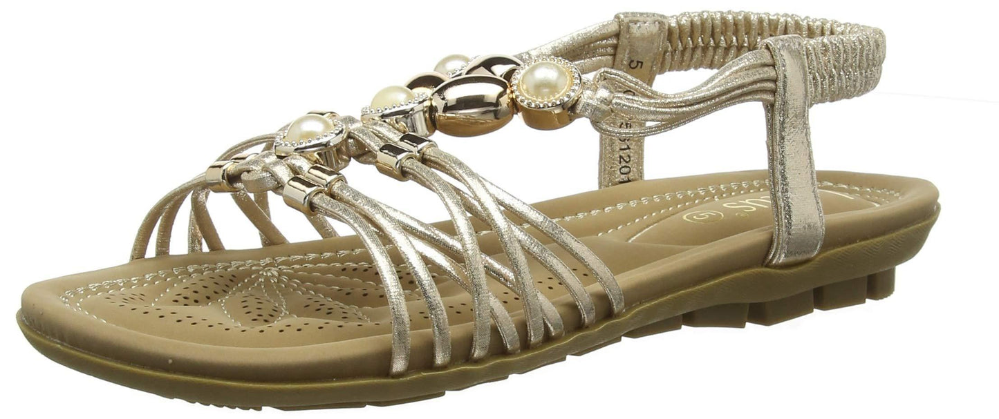 LADIES LOTUS MARCI GOLD SHIMMER STRAPPY SLING BACK FLAT SANDALS ULP010