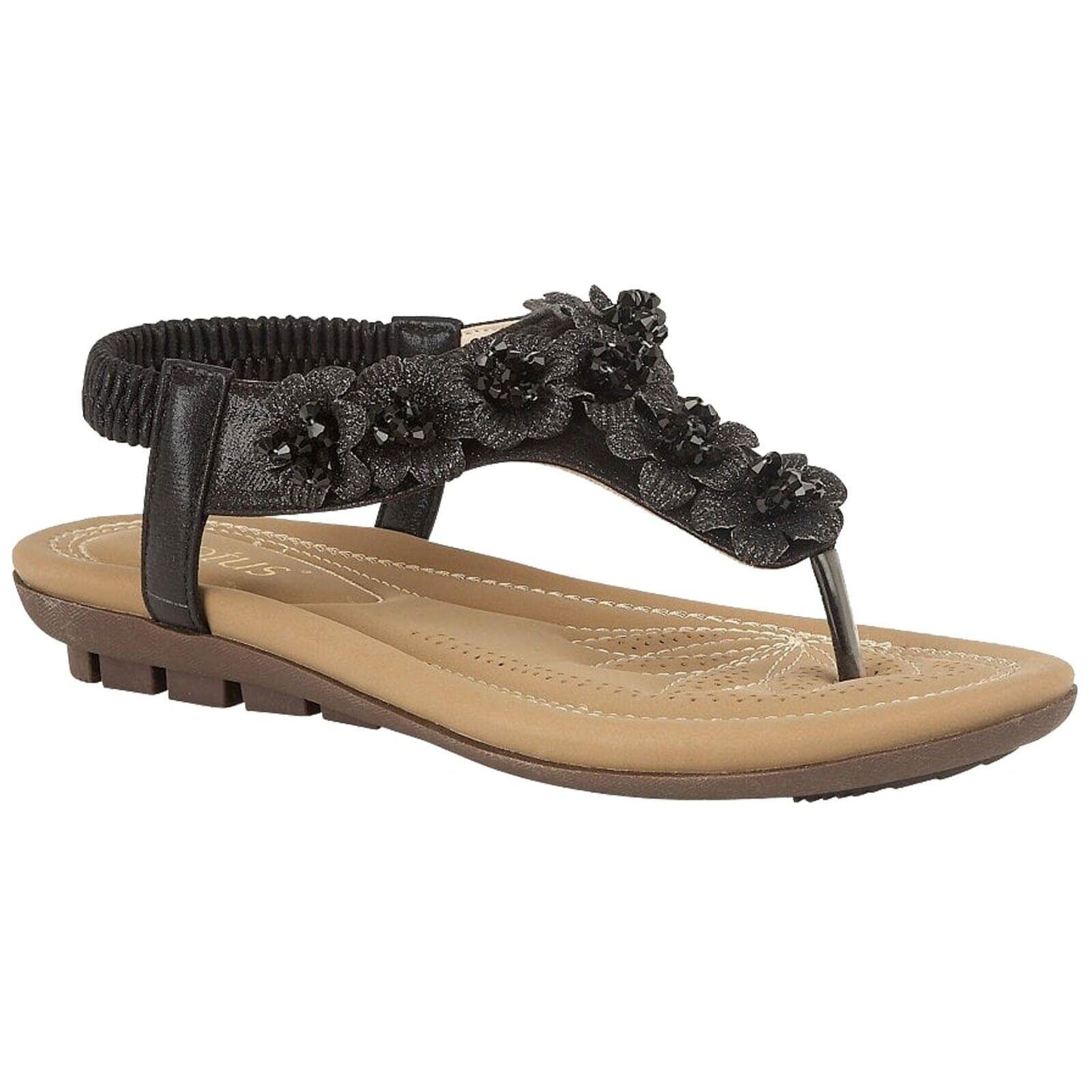 Ladies Lotus Chiquita Black Shimmer Toe Post Sling Back Flat Sandals ULP012