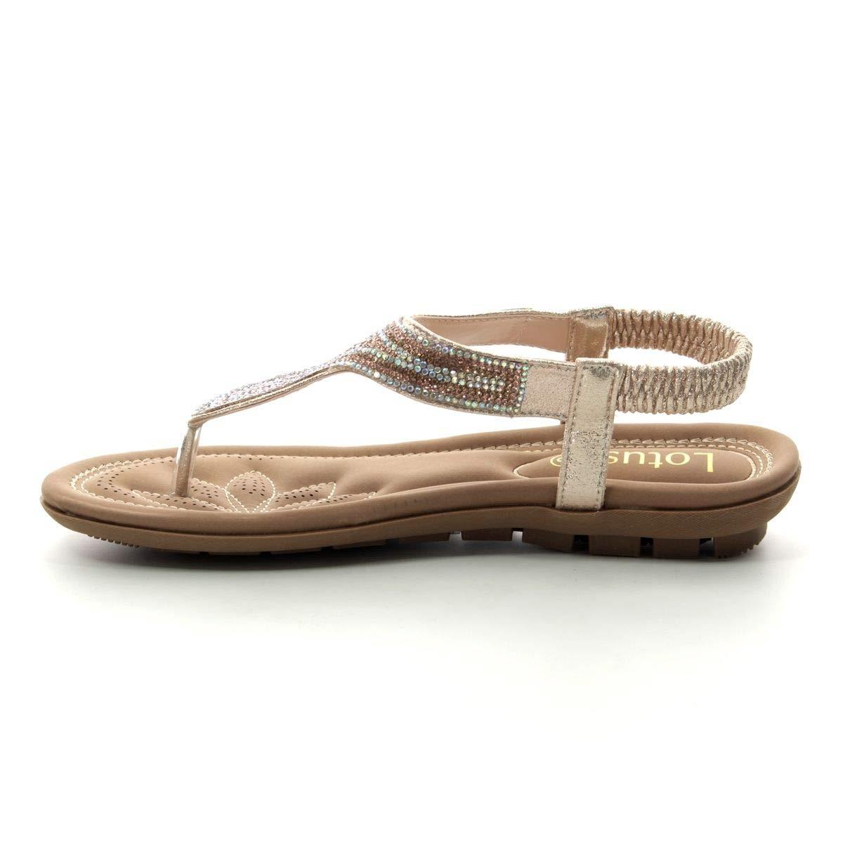 LADIES LOTUS DELIA GOLD METALLIC DIAMANTE TOE POST ELASTICATED SANDALS ULP011